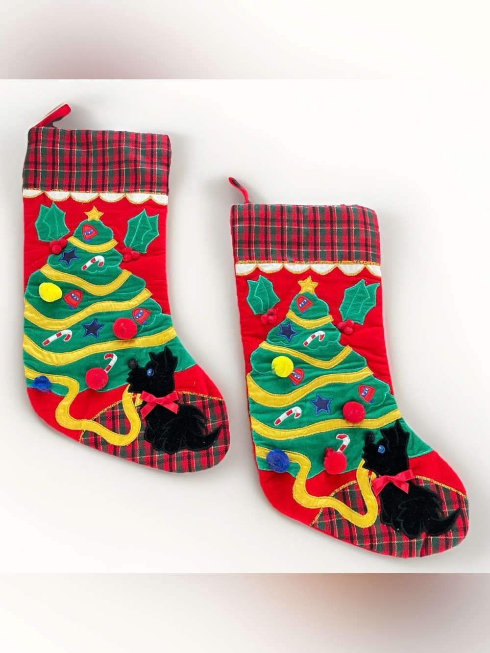 2 VTG Red Velvet Christmas Stockings Black Scottie Dogs 18x8” Tree 3D embellish